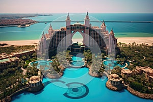 Dubai miracle garden in Dubai, United Arab Emirates, Atlantis Hotel in Dubai, view with the beach and sea, AI Generated