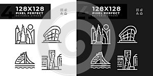 Dubai modern architectural landmarks linear icons set for dark, light mode