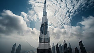 Dubai modern skyline illuminated by sunset, a steel skyscraper growth generated by AI