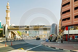 Dubai. Old Deira in the new metropolis of Dubai. Overhead crossing over the road Al Rigga.