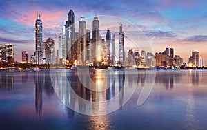 Dubai panorama skyline at dramatic sunset in Marina, United Arab Emirates