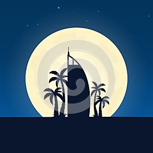 Dubai silhouette of attraction. Travel banner with moon on the night background. Trip to country. Travelling illustration.