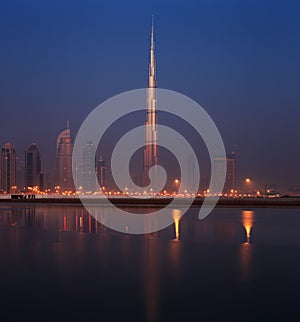 Dubai skyline as seen from Business Bay shot just before dawn