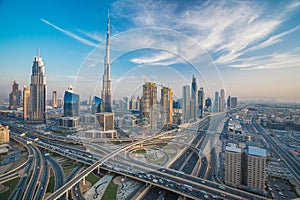 Dubai skyline with beautiful city close to it's busiest highway on traffic