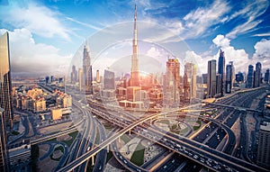 Dubai skyline with beautiful city close to it's busiest highway on traffic