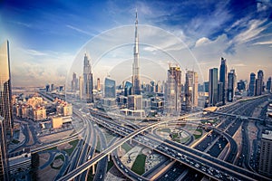 Dubai skyline with beautiful city close to it's busiest highway on traffic