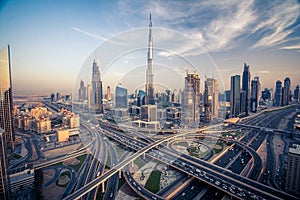 Dubai skyline with beautiful city close to it's busiest highway on traffic