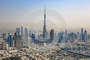 Dubai skyline Burj Khalifa Downtown aerial view photography