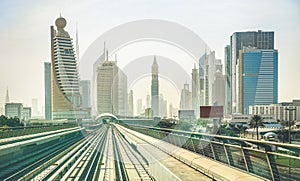 Dubai skyline and downtown skyscrapers from monorail platform