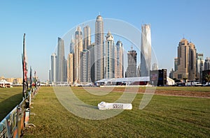 Dubai skyline, Dubai Marina towers and skyscrapers - Skydive Dubai parachuting activity area