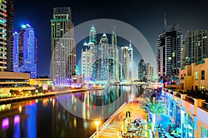 Dubai skyline during night. Dubai marina promenade, United Arab Emirates.