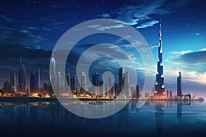 Dubai skyline at night with reflection in water. Dubai, United Arab Emirates, Dubai Panoramic Night, AI Generated