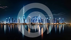 Dubai skyline at night with reflection in the water, United Arab Emirates, Dubai Panoramic Night View