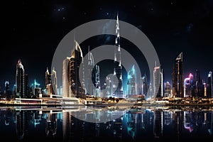Dubai skyline at night with reflection on the water, United Arab Emirates, Dubai Panoramic Night View, AI Generated