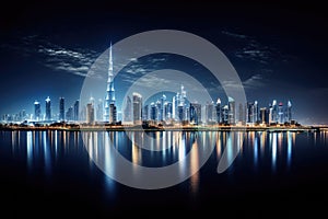 Dubai skyline at night with reflection in the water, United Arab Emirates, Dubai Panoramic Night View, AI Generated