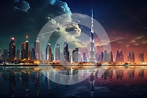 Dubai skyline at night, United Arab Emirates. Dubai is the fastest growing city in the world, Dubai city, AI Generated