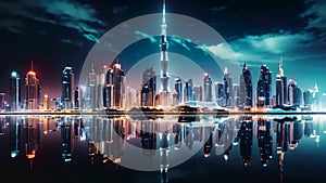 Dubai skyline at night, United Arab Emirates. Dubai is the fastest growing city in the world, Dubai city by night