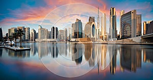 Dubai skyline with reflection at dramatic sunset,  UAE