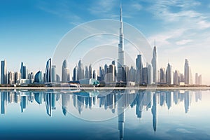 Dubai skyline with reflection in the water, United Arab Emirates, Dubai Business Bay panoramic view, UAE, AI Generated