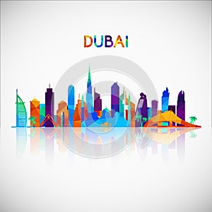 Dubai skyline silhouette in colorful geometric style.