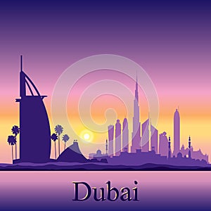 Dubai skyline silhouette on sunset background