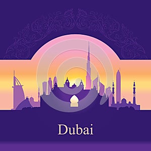 Dubai skyline silhouette on sunset background