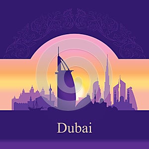 Dubai skyline silhouette on sunset background