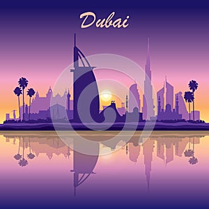 Dubai skyline silhouette on sunset background