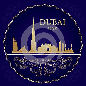 Dubai skyline silhouette on vintage background