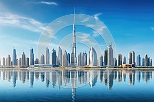 Dubai skyline with skyscrapers reflected in water, United Arab Emirates, Dubai Business Bay panoramic view, AI Generated