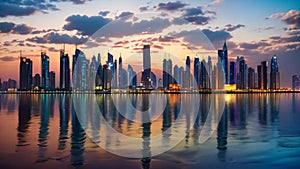 Dubai skyline with skyscrapers at sunset, United Arab Emirates, Dubai skyline in the evening