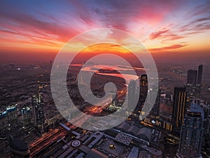Dubai skyline at sunrise. United Arab Emirates landscape, modern city from above