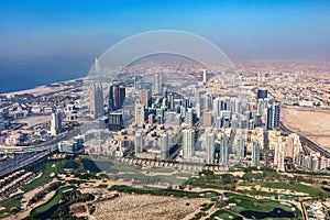 Dubai skyline at sunset.