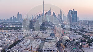 Dubai skyline after sunset with beautiful city center lights and Sheikh Zayed road traffic timelapse, Dubai, United Arab