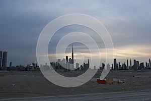 Dubai Skyline under Cloudy Sky, Dubai Downtown Residential and Business Skyscrapers, a view from Dubai Water Canal, Dubai, United