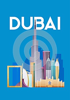 Dubai. Skyline and vector landscape of buildings and famous landmarks