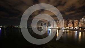 Dubai Skyline view at Bluewaters Island to Dubai Marina and Jumeira Beach Residence at night, Dubai, United Arab Emirates