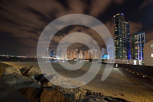 Dubai Skyline view at Bluewaters Island to Dubai Marina and Jumeira Beach Residence at night, Dubai, United Arab Emirates