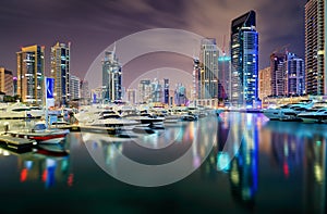 Dubai skyline view during night. Dubai marina, United Arab Emirates.