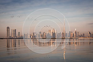 Dubai skyrise at sunrise from Dubai creek