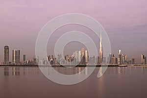 Dubai skyrise at sunrise from Dubai Greek