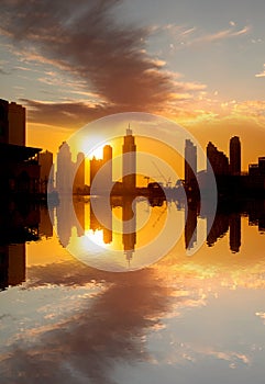 Dubai with skyscrapers against sunset in United Arab Emirates