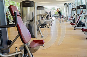 Dubai. Summer 2016. Exercise machines in the gym of Park Hyatt Abu Dhabi Hotel.