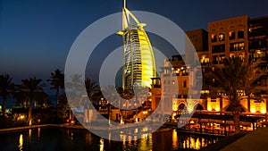 Dubai. Summer 2016. Water oasis on site Madinat Jumeirah Mina A Salam. A view of the famous hotel Burj al Arab.