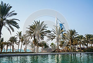 Dubai. Summer 2016. Water oasis on site Madinat Jumeirah Mina A Salam. A view of the famous hotel Burj al Arab.