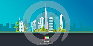 Dubai. Tourism. Travelling illustration Dubai city. Modern flat design. Dubai skyline. UAE. United Arab Emirates.