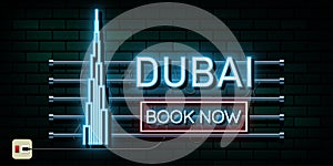 Dubai Travel And Journey neon light background. Vector Design Template.used for your advertisement, book, banner, template, travel