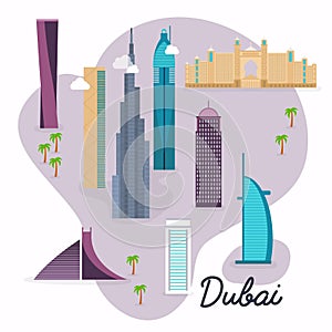 Dubai. Travel map and vector landscape of buildings and famous l