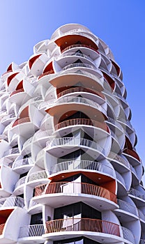 Dubai, UAE - 04.02.2021 - Facade of a Binghatti pearls residential building.Modern architecture