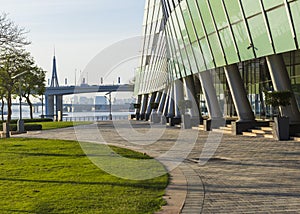 Dubai, UAE - 04.17.2021 Shot of side of a Intercontinental hotel in Dubai Festival city and business bay crossing bridge. Urban